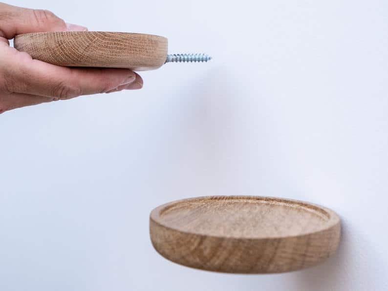 Set of round wooden floating plant shelves